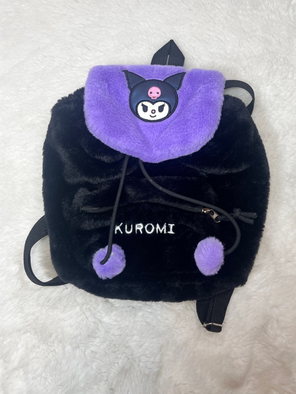 Sanrio Kuromi Plush Fuzzy Mini Backpack Purse Drawstring Closure Embroidered